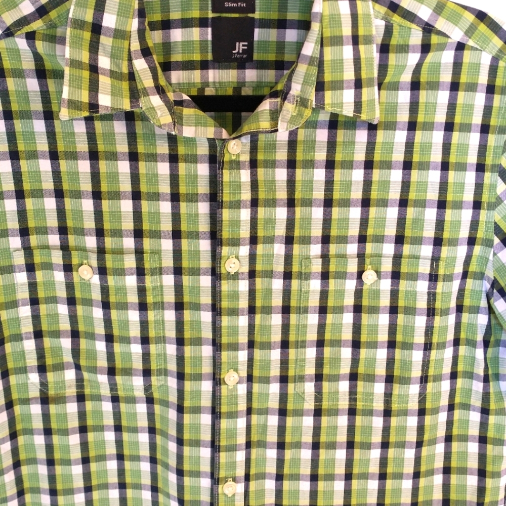 JF J.Ferrar Slim Fit Green Checkered Plaid Button Up Short Sleeve